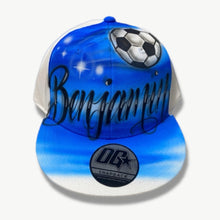 Load image into Gallery viewer, Soccer Script Style Snapback Cap with Personalised Name Painted