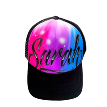 Load image into Gallery viewer, Black 3 colour trucker cap I Custom Graffiti Name  Blue Purple