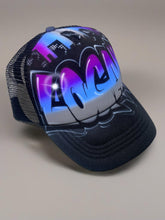 Load image into Gallery viewer, Custom Double City trucker cap in black or white. Personalise with your name and choose your colours. Adult &amp; kid sizes available. Australian designed graffiti hats. Fast Shipping