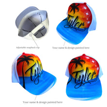Load image into Gallery viewer, Custom Paradise Sunset cap in black or white. Personalise with your name and choose your colours. Adult &amp; kid sizes available. Australian designed graffiti hats. Fast Shipping