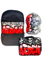 Load image into Gallery viewer, Red Skull Style Custom Combo (3) 1x TruckerCap, 1x Backpack, 1x Lunchbox