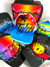 Load image into Gallery viewer, Paradise Sunset cap in black or white. Personalise with your name and choose your colours. Adult &amp; kid sizes available. Australian designed graffiti hats. Fast Shipping