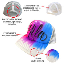 Load image into Gallery viewer, White 3 colour trucker cap I Custom Graffiti Name  Blue Purple Pink 