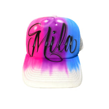 Load image into Gallery viewer, White 3 colour trucker cap I Custom Graffiti Name  Blue Purple Pink 