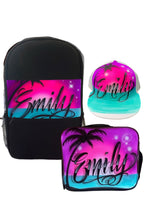 Load image into Gallery viewer, Paradise Script - Custom Combo (2) 1x TruckerCap, 1x Backpack, 1x Lunchbox