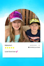 Load image into Gallery viewer, Black 3 colour trucker cap I Custom Graffiti Name  Purple Customer Review