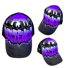 Load image into Gallery viewer, Double City Black Trucker Cap with Graffiti Name in Purple