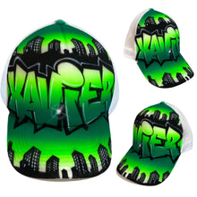 Load image into Gallery viewer, Double City Black Trucker Cap with Graffiti Name in Green blends