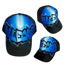 Load image into Gallery viewer, Graffiti Black Trucker Cap with Blue Flare Name