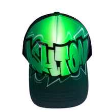 Load image into Gallery viewer, Flare black trucker cap with custom graffiti design Green