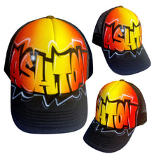 Load image into Gallery viewer, Flare black trucker cap with custom graffiti design angles