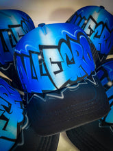 Load image into Gallery viewer, Graffiti Black Trucker Cap with Blue Flare Names Bulk Order Dance Crew