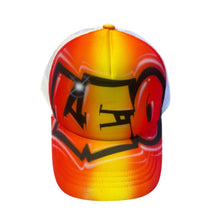 Load image into Gallery viewer, Graffiti White Trucker Cap with Orange Yellow Flare Name