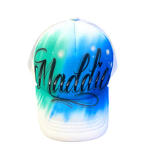 Load image into Gallery viewer, White 3 colour trucker cap I Custom Graffiti Name  Blue 
