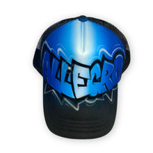 Load image into Gallery viewer, Graffiti Black Trucker Cap with Blue Flare Name