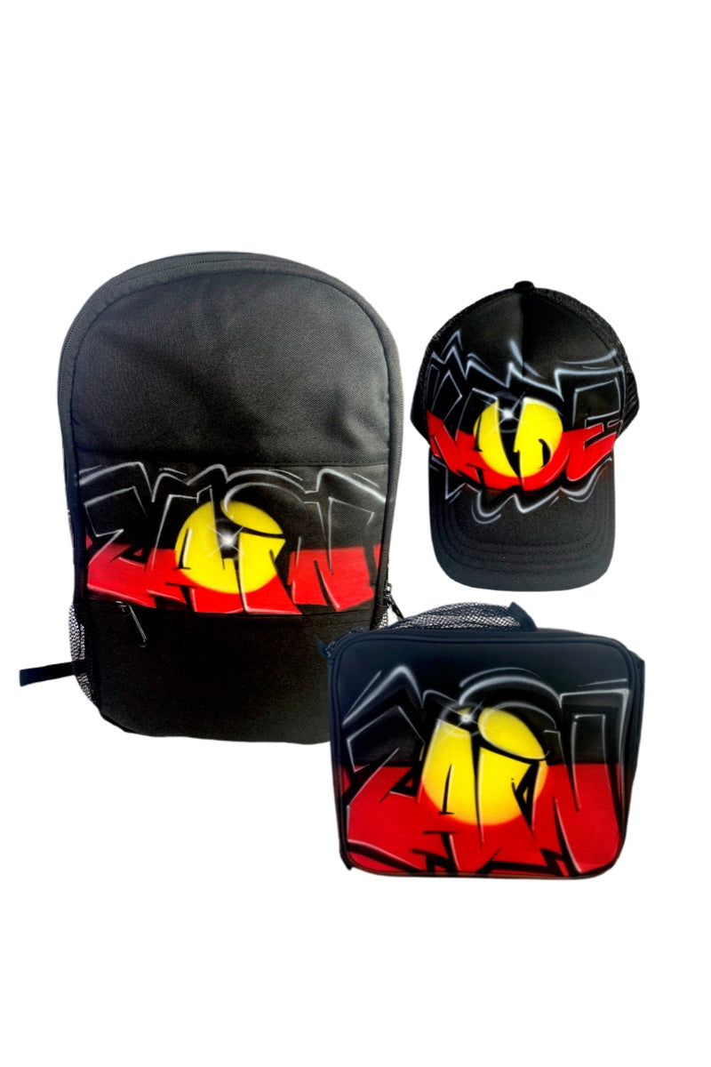 Graffiti Aboriginal Flag Style Combo 1x TruckerCap, 1x Backpack, 1x Lunchbox
